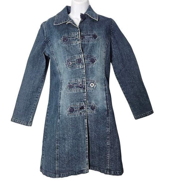 Kenzie Long Denim Jacket Trench Coat Women's 4 Y2K Indie Sleaze Jean Duster - Picture 1 of 11